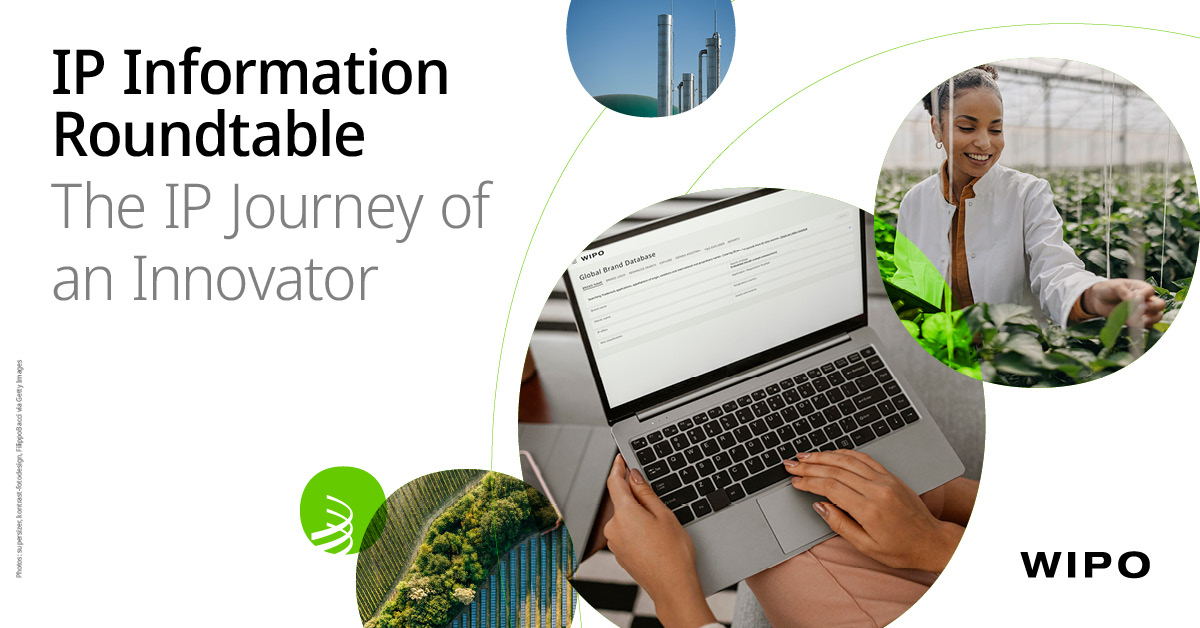 The images depict a woman in a greenhouse looking at plants, a forest from above, a laptop with the Global Brand Database on the screen. Title reads "IP Information Roundtable  - The IP Journey of an Innovator"