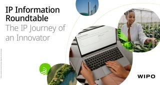 The images depict a woman in a greenhouse looking at plants, a forest from above, a laptop with the Global Brand Database on the screen. Title reads "IP Information Roundtable  - The IP Journey of an Innovator"